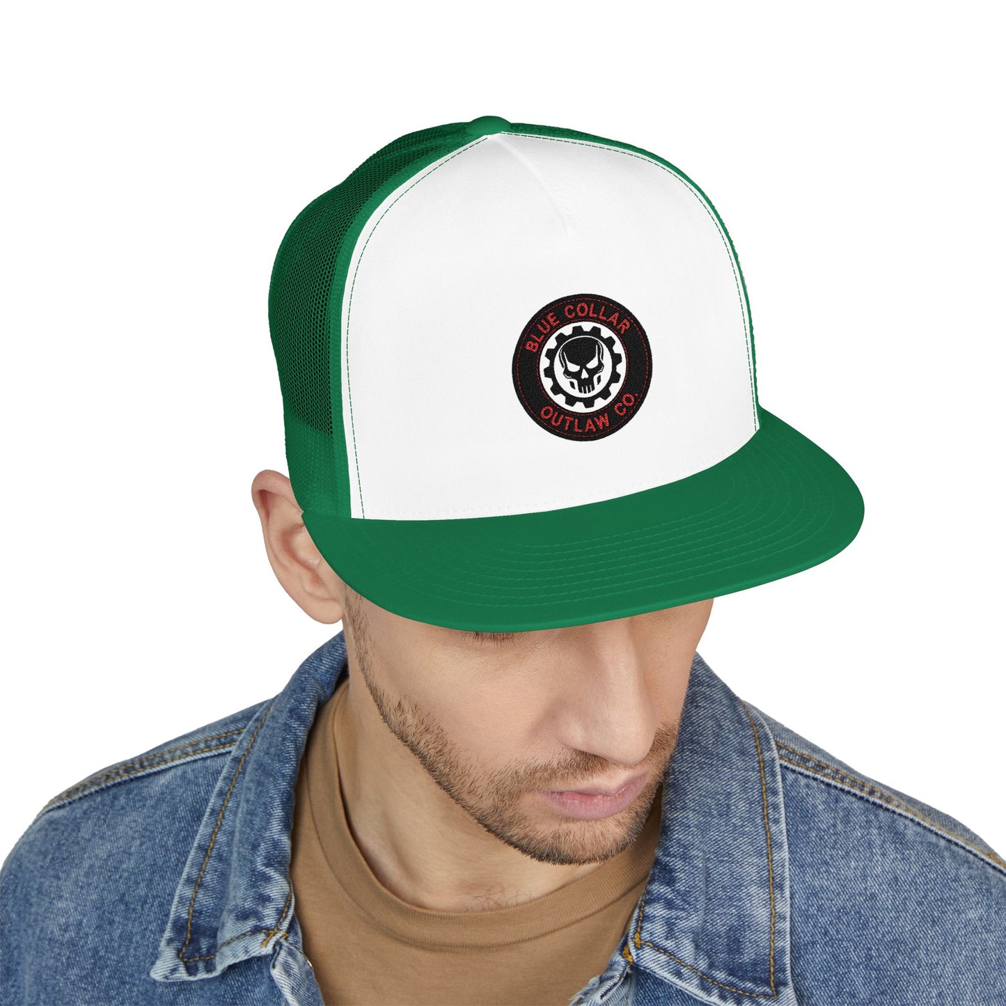 Blue Collar Outlaw | Skull and Gear Trucker Cap | Embroidered 5-Panel Mesh Hat