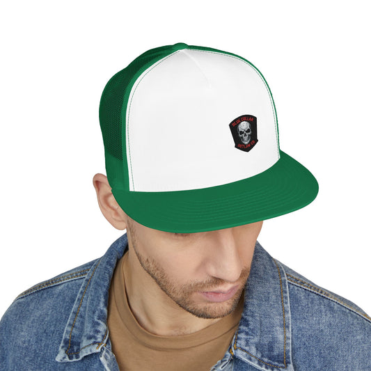 Blue Collar Outlaw | Skull Patch Trucker Cap | Embroidered 5-Panel Mesh Hat