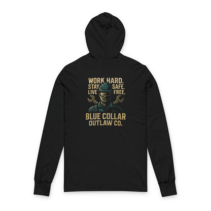 Blue Collar Outlaw | Work Hard Stay Safe Live Free Hooded Long Sleeve Tee