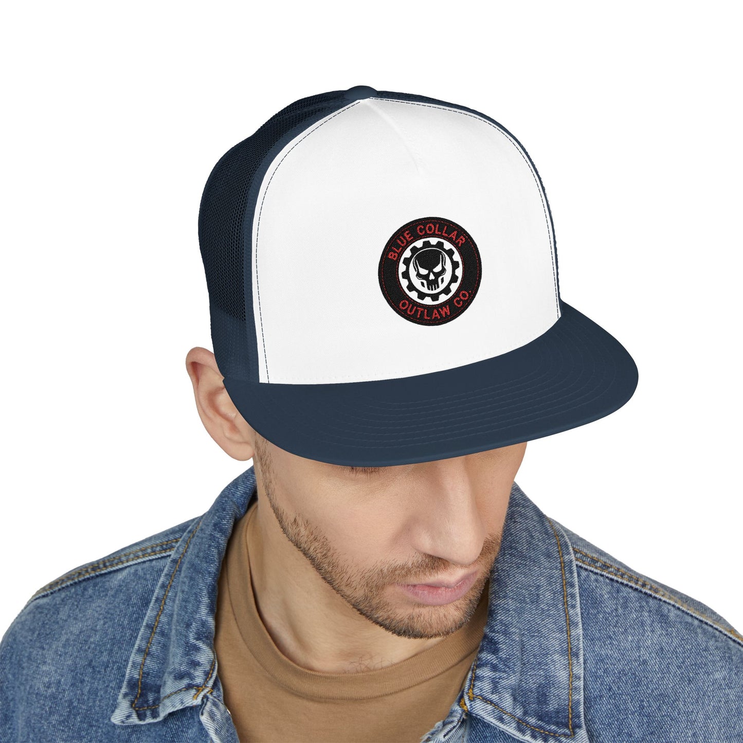 Blue Collar Outlaw | Skull and Gear Trucker Cap | Embroidered 5-Panel Mesh Hat