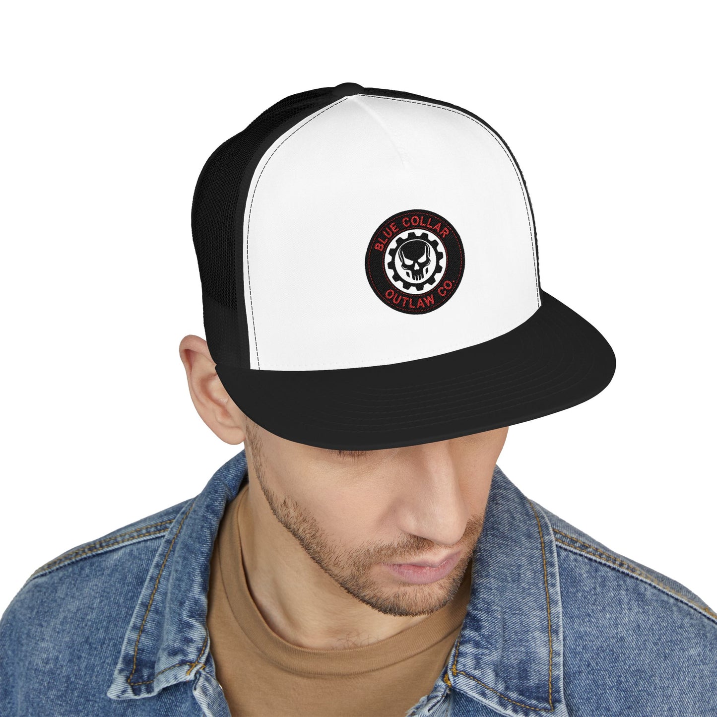 Blue Collar Outlaw | Skull and Gear Trucker Cap | Embroidered 5-Panel Mesh Hat