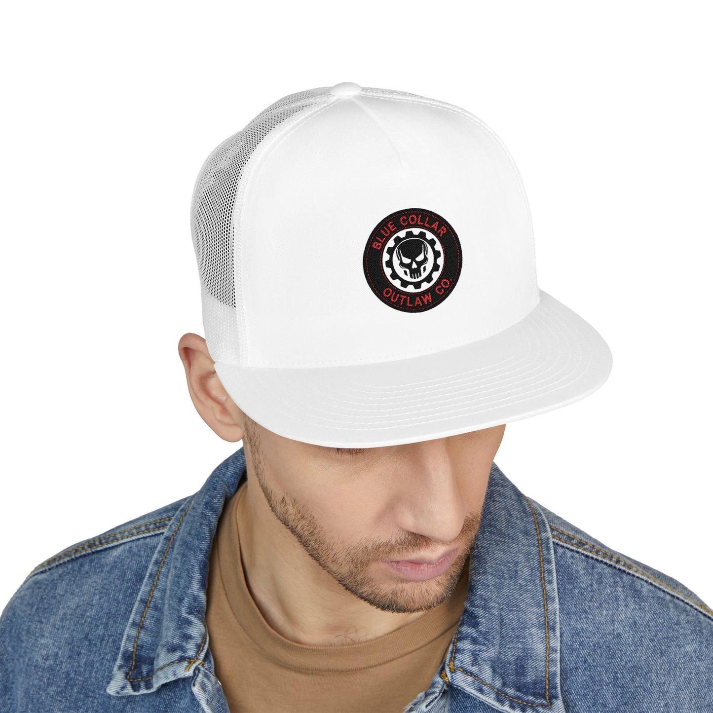 Blue Collar Outlaw | Skull and Gear Trucker Cap | Embroidered 5-Panel Mesh Hat