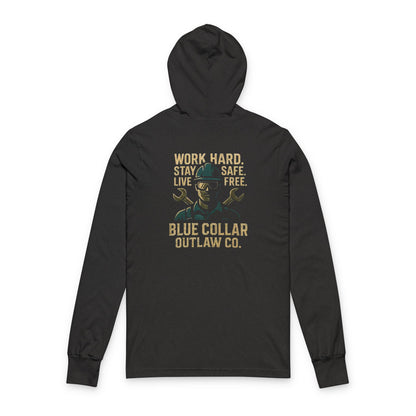 Blue Collar Outlaw | Work Hard Stay Safe Live Free Hooded Long Sleeve Tee