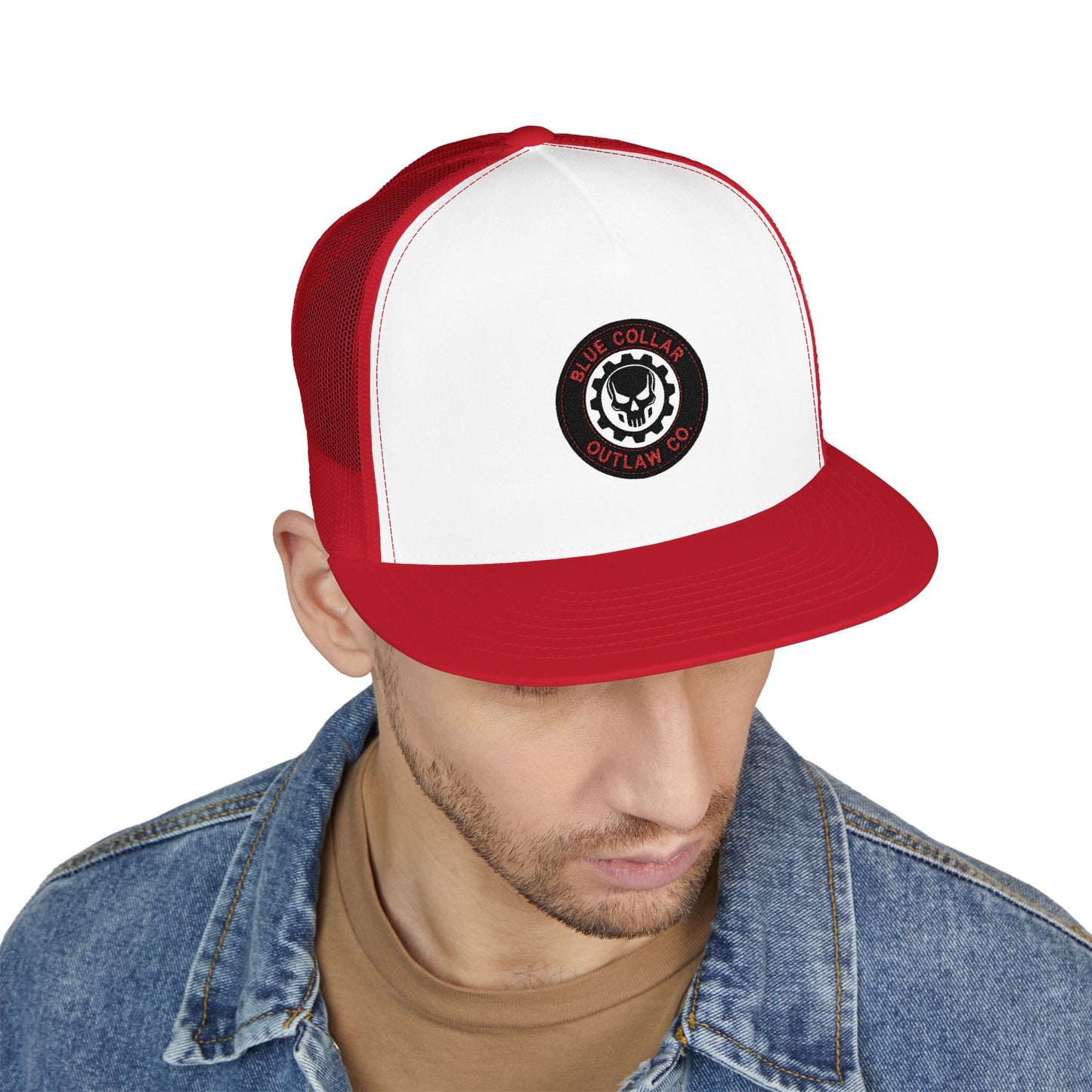 Blue Collar Outlaw | Skull and Gear Trucker Cap | Embroidered 5-Panel Mesh Hat