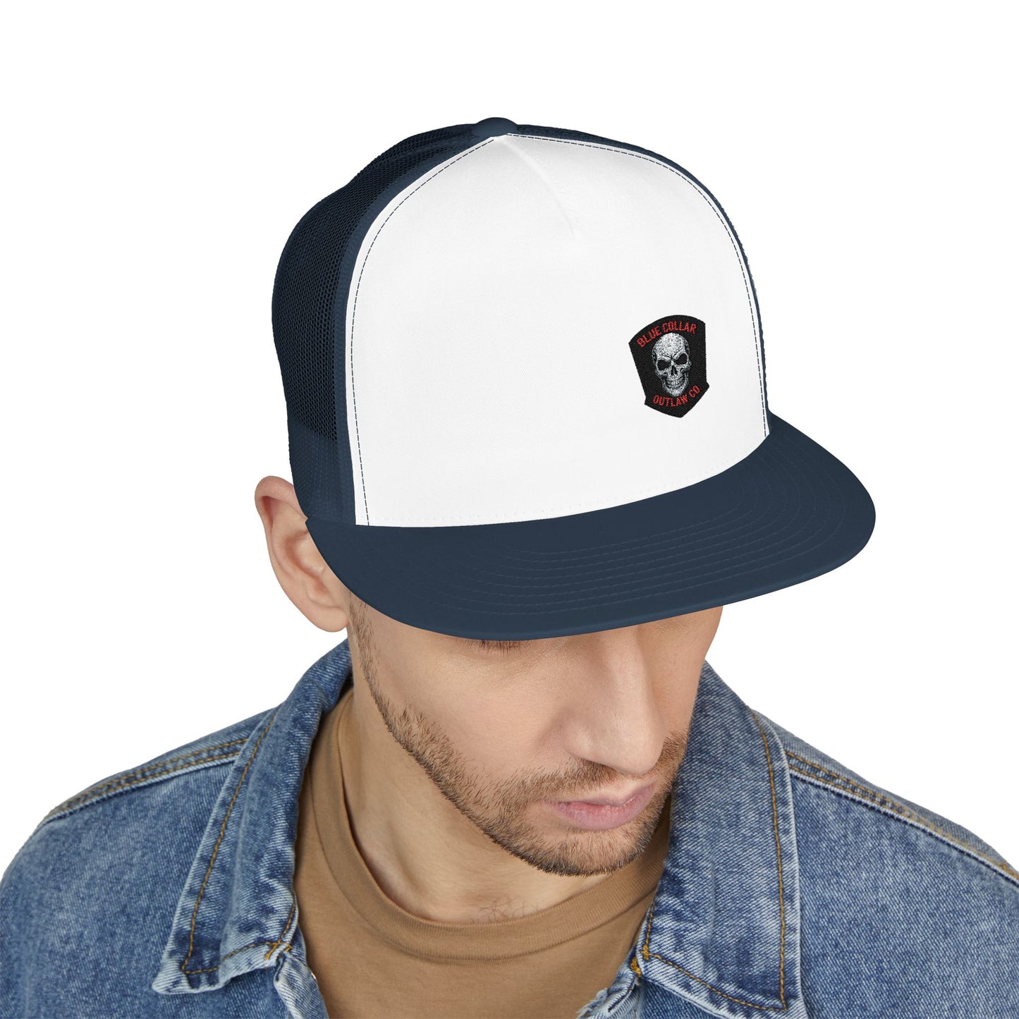 Blue Collar Outlaw | Skull Patch Trucker Cap | Embroidered 5-Panel Mesh Hat