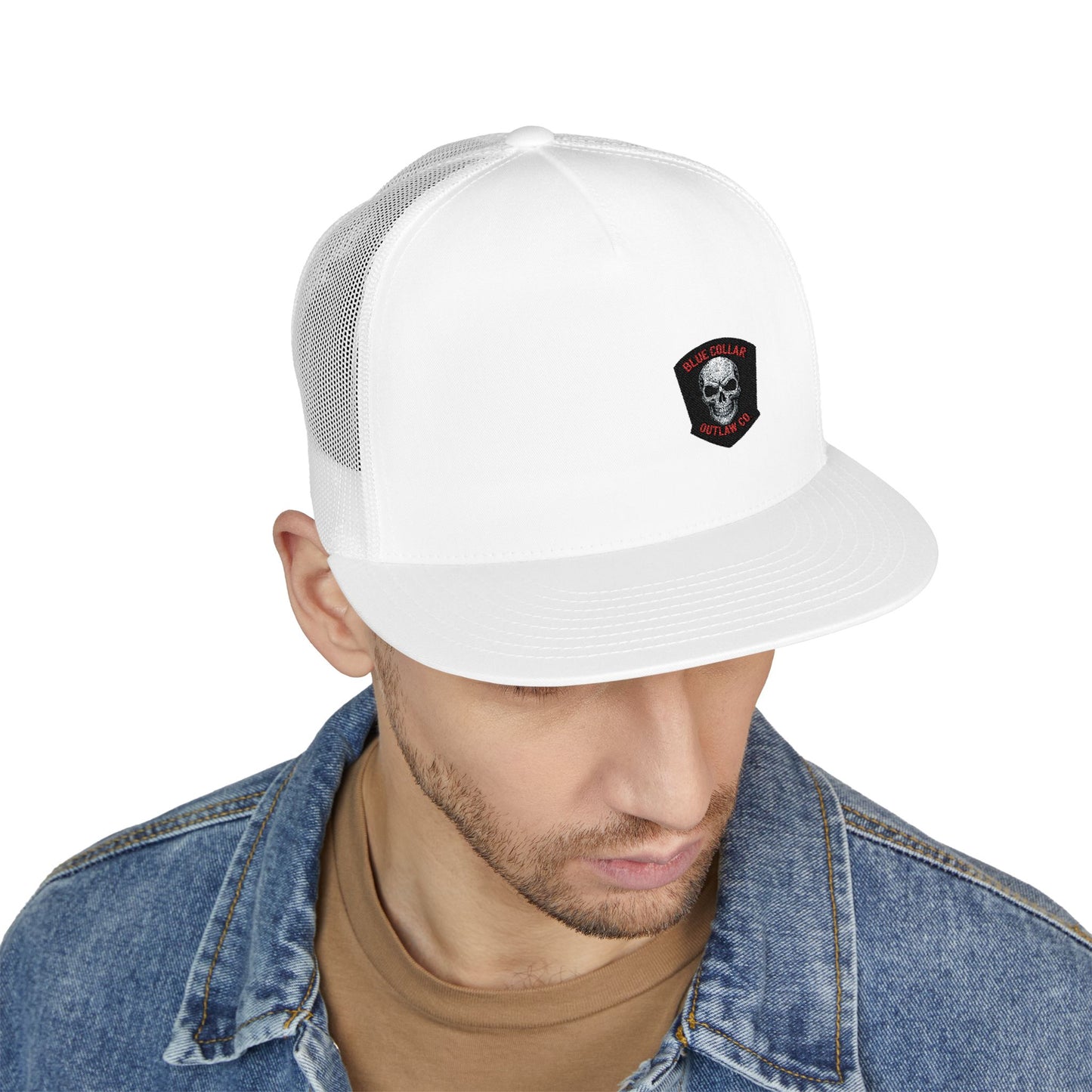 Blue Collar Outlaw | Skull Patch Trucker Cap | Embroidered 5-Panel Mesh Hat