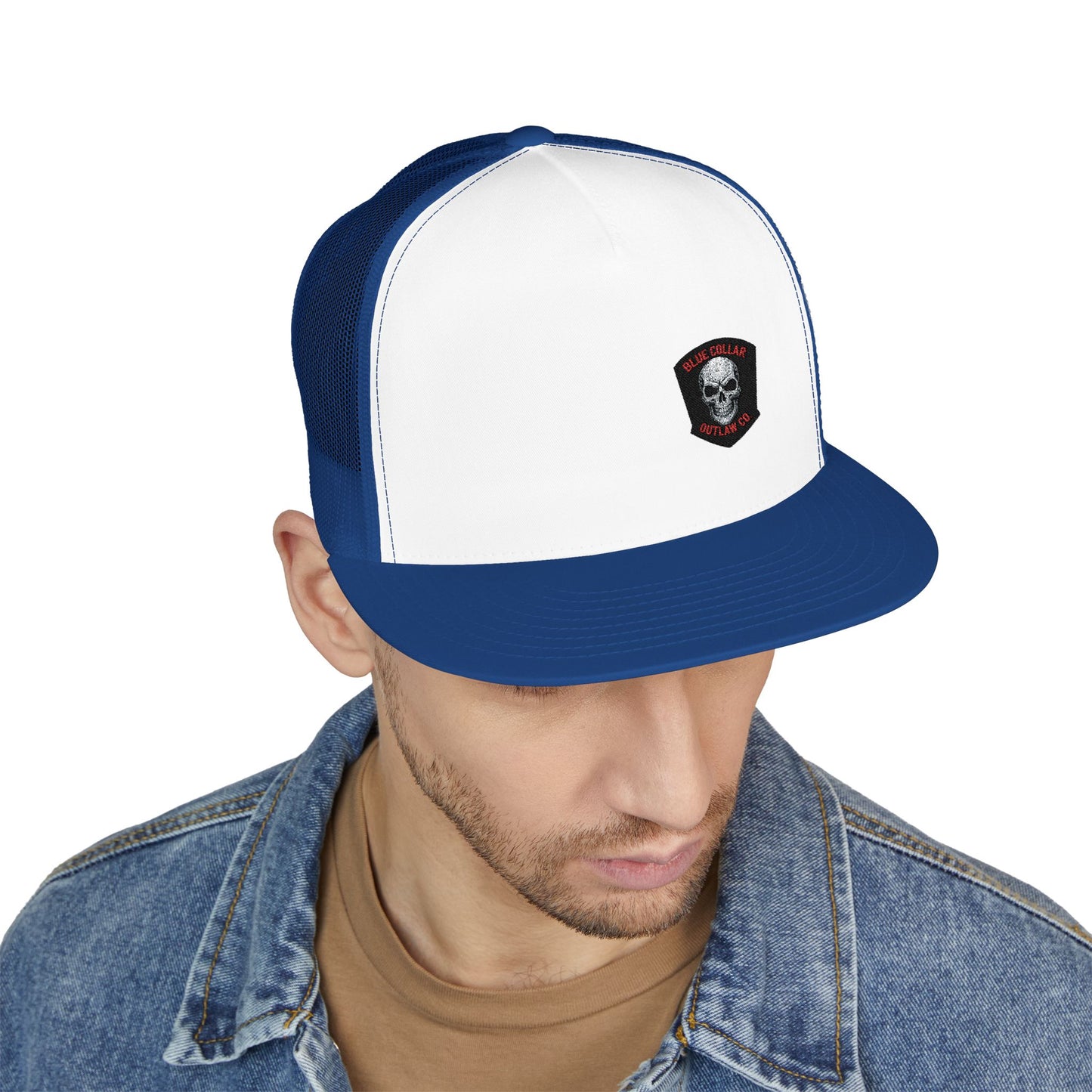 Blue Collar Outlaw | Skull Patch Trucker Cap | Embroidered 5-Panel Mesh Hat