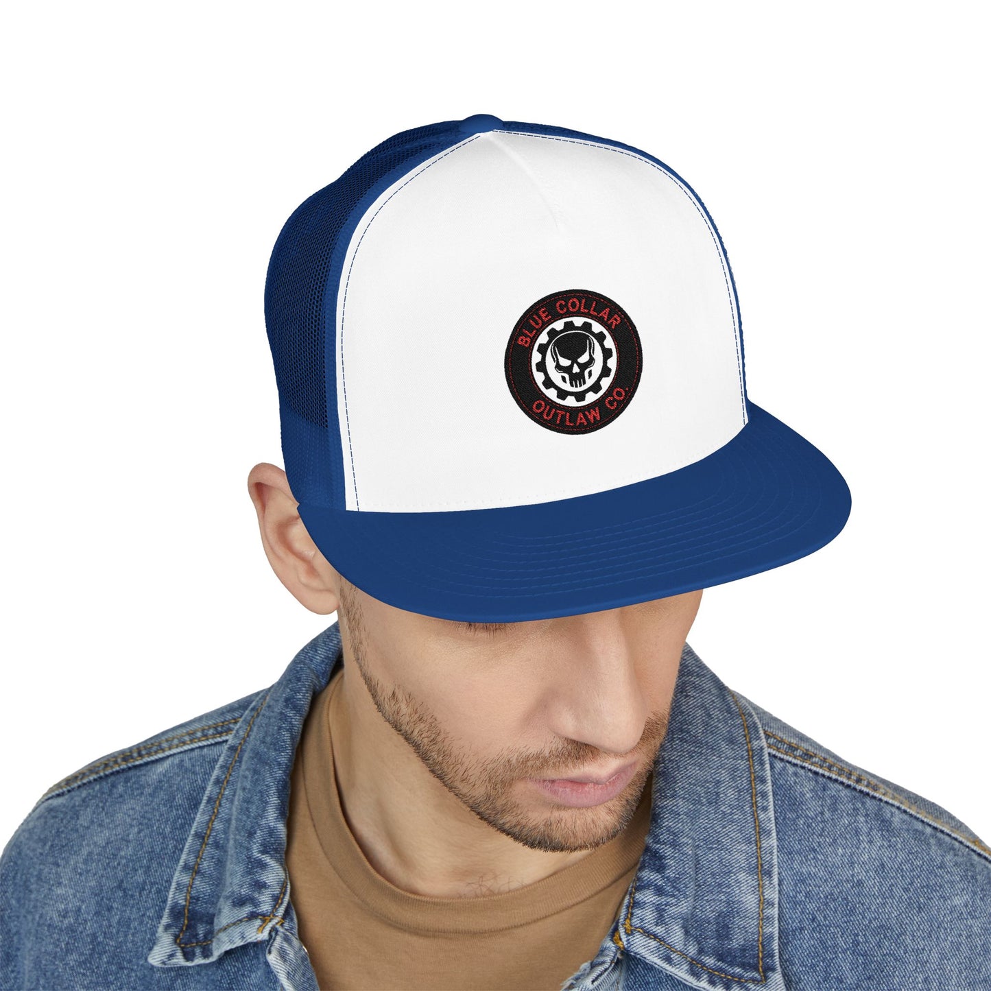 Blue Collar Outlaw | Skull and Gear Trucker Cap | Embroidered 5-Panel Mesh Hat