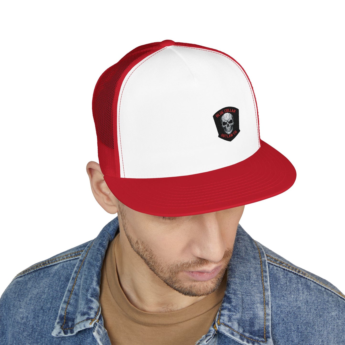 Blue Collar Outlaw | Skull Patch Trucker Cap | Embroidered 5-Panel Mesh Hat